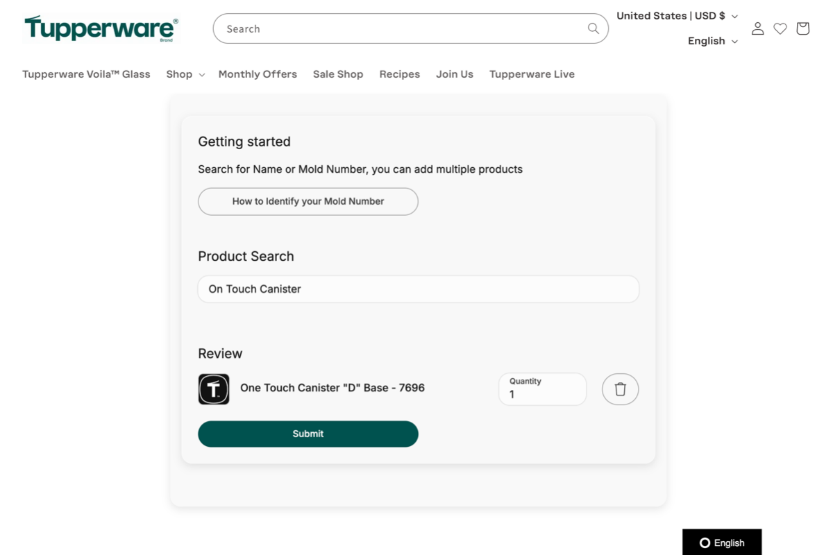 Tupperware Brand warranty claim form with a product search by name or mold number and a review list showing a One Touch Canister base