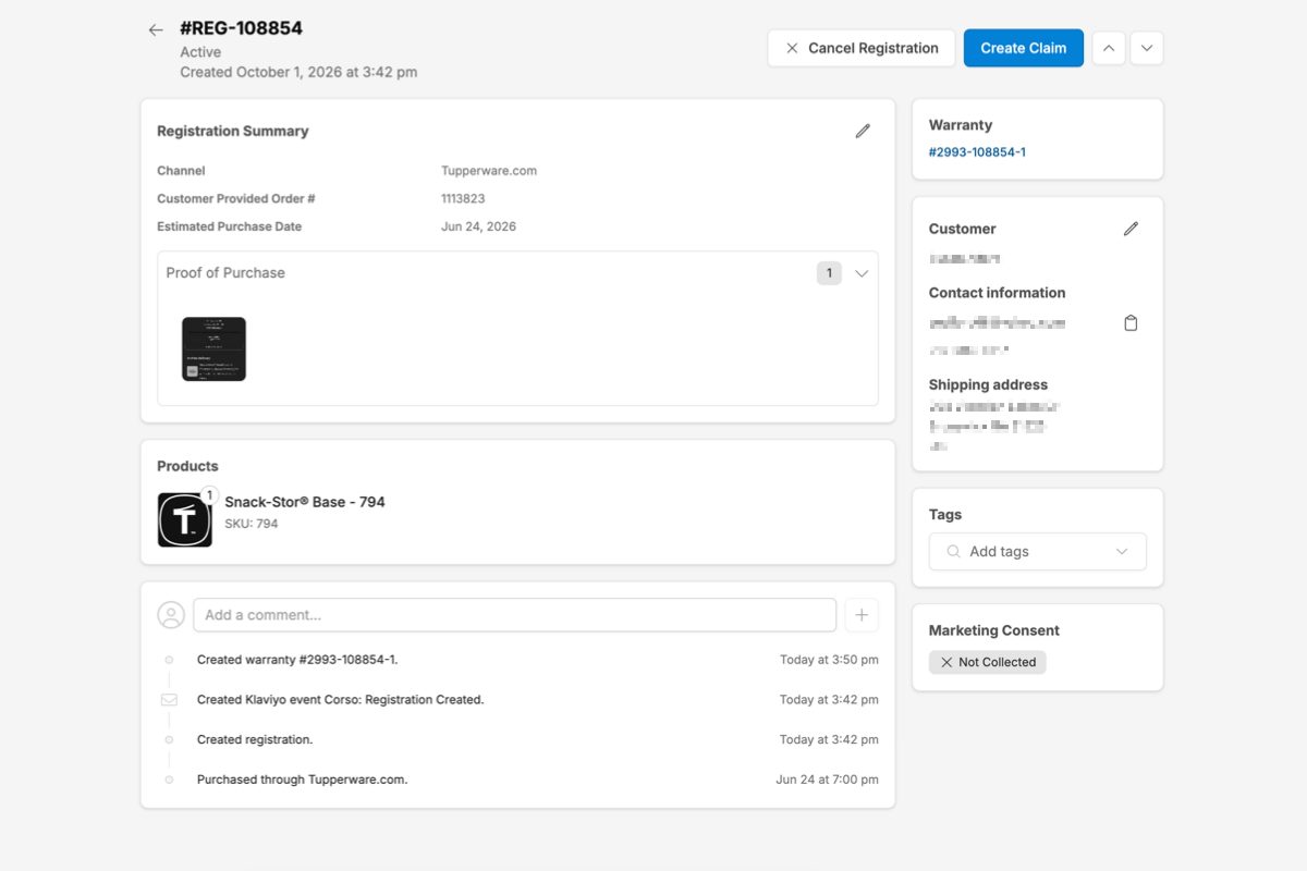 Corso admin view of a product registration, showing the channel, proof of purchase, registered product, linked warranty and activity timeline
